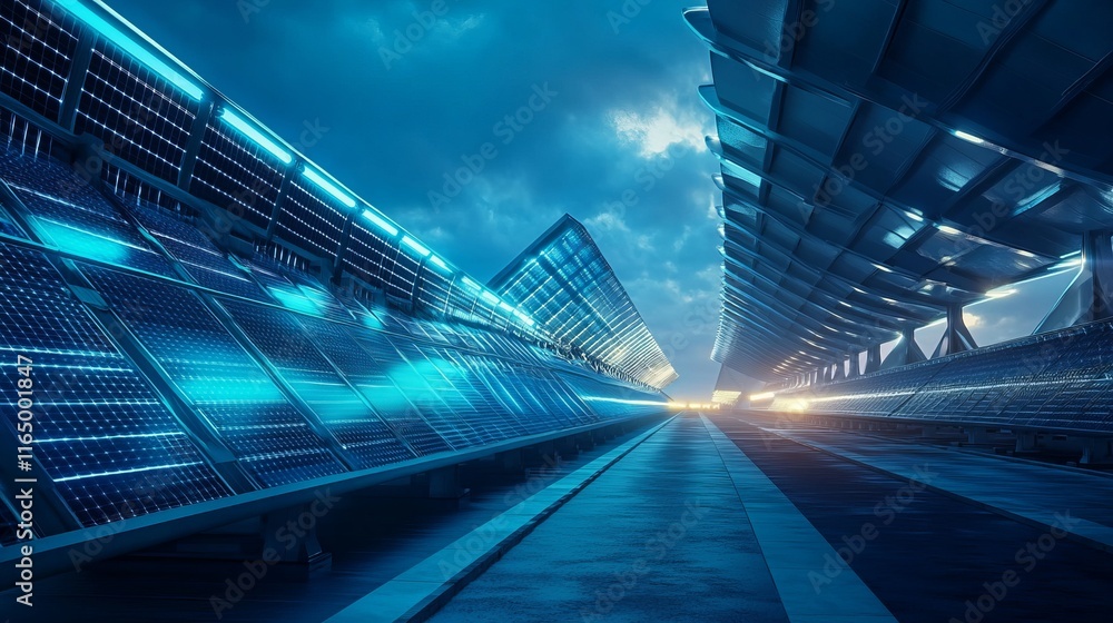 Futuristic energy harvesting facility with giant solar collectors glowing under artificial lights Futuristic energy harvesting facility with giant solar collectors glowing under artificial lights