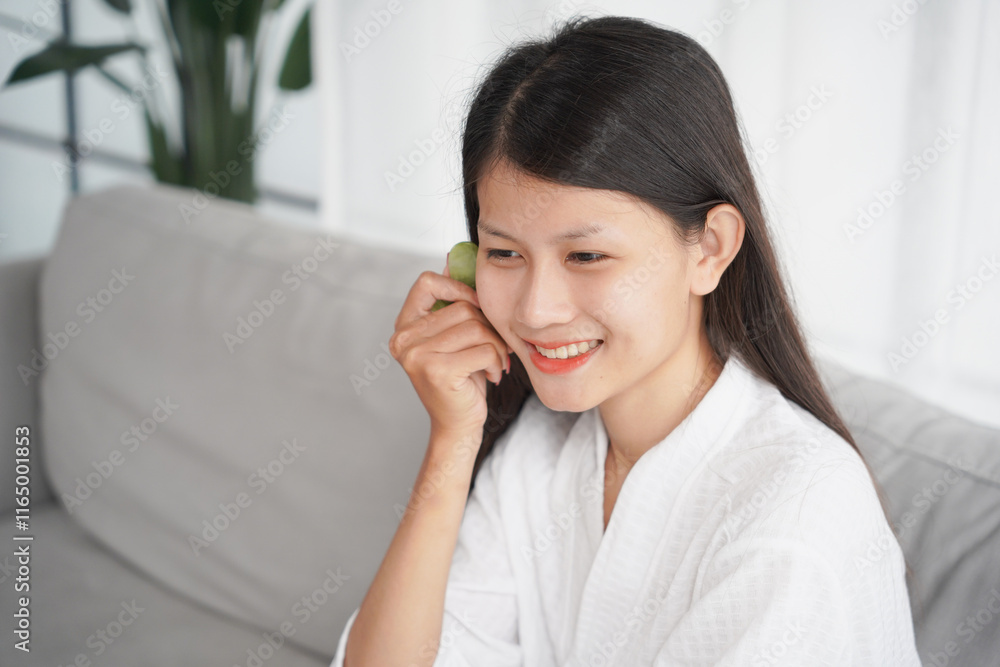 Asian woman in bathrobe applying skincare, take care of your facial skin Asian woman in bathrobe applying skincare, take care of your facial skin