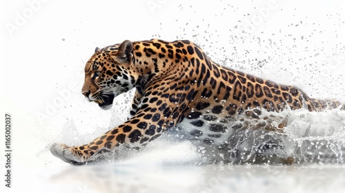 A jaguar splashes through water, showcasing its powerful movement and striking coat. photo