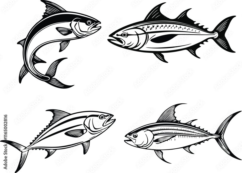 Fototapeta premium Set Of Tuna Fish line vector illustration white background