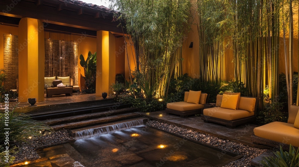 Obraz premium Serene Indoor Outdoor Space with Bamboo and Water Features at Night
