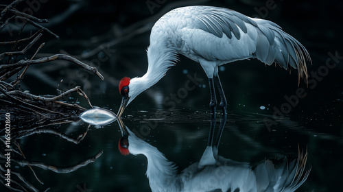 Red-crowned crane with grey feathers, perched on the bank of a billabong, eating fish from the water, reflected in dark green waters, photorealistic.