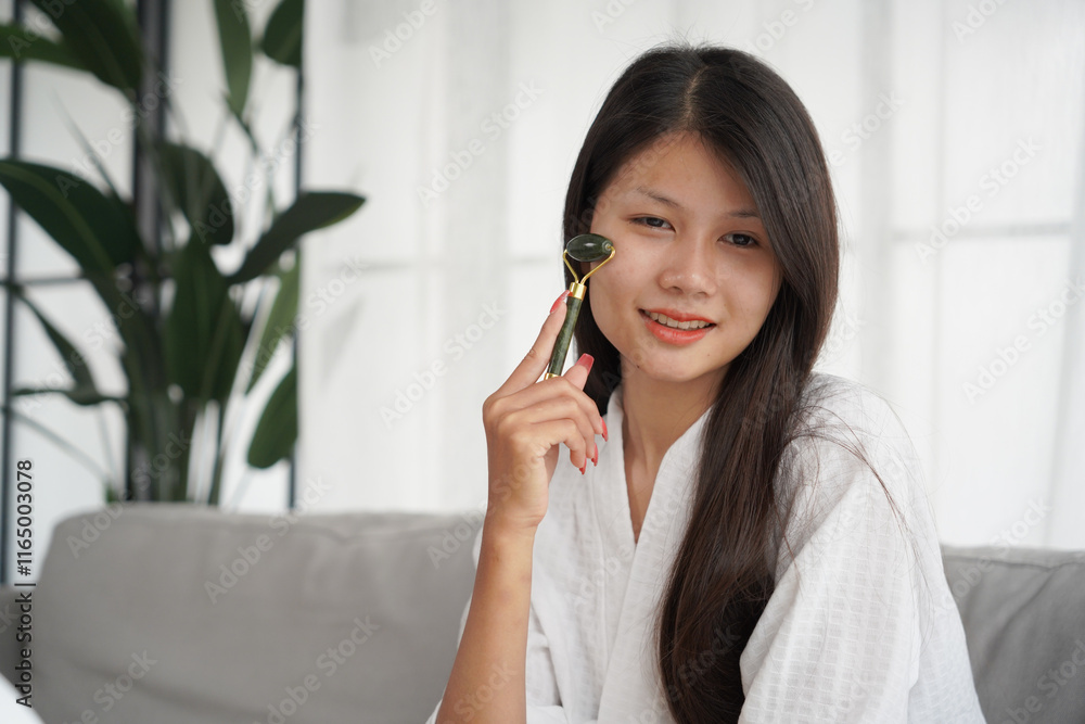 Asian woman in bathrobe applying skincare, take care of your facial skin Asian woman in bathrobe applying skincare, take care of your facial skin