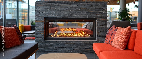 Modern fireplace with orange sofas in a bright lobby.