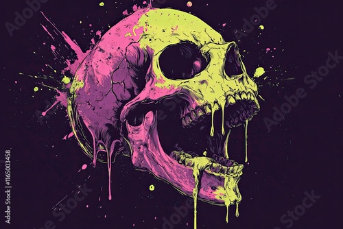 A vibrant, stylized skull illustration with dripping paint splatters, showcasing a dynamic and artistic design.