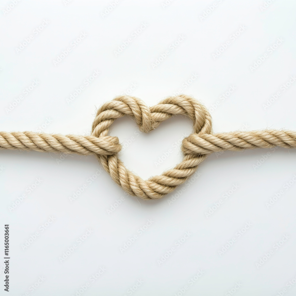 Heart-shaped knot crafted from natural rope on a white background, symbolizing love, connection, and unity in various contexts and themes Heart-shaped knot crafted from natural rope on a white background, symbolizing love, connection, and unity in various contexts and themes