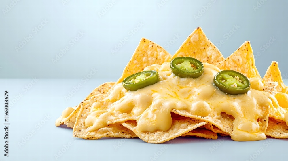 An artistic presentation of a hearty serving of nachos, featuring an appealing arrangement of golden cheese melting over crispy tortillas and vibrant green jalapenos. The clean and isolated setting An artistic presentation of a hearty serving of nachos, featuring an appealing arrangement of golden cheese melting over crispy tortillas and vibrant green jalapenos. The clean and isolated setting