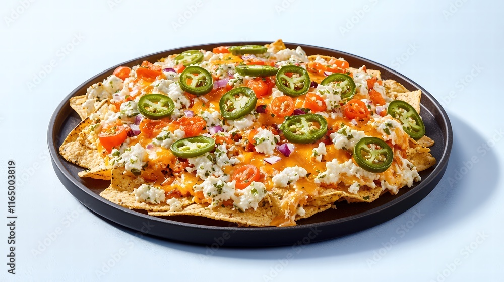 A dynamic image capturing a delicious plate of nachos, overflowing with gooey cheese and colorful jalapenos, artistically placed for maximum visual appeal. The solid color background enhances the A dynamic image capturing a delicious plate of nachos, overflowing with gooey cheese and colorful jalapenos, artistically placed for maximum visual appeal. The solid color background enhances the