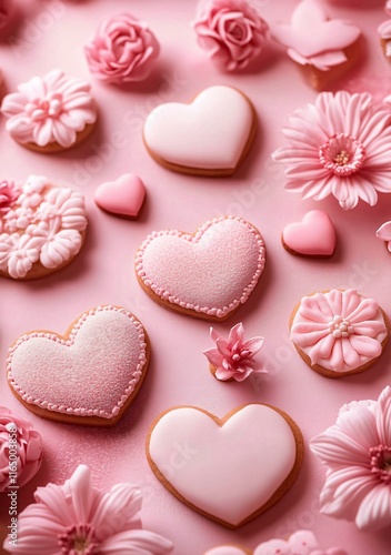 A romantic flat lay of pink heart-shaped cookies and pastel confections, perfect for Valentine's Day or sweet celebrations, evoking love and joy.