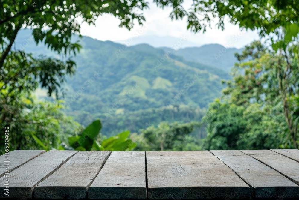 Empty wooden table with view of mountain or wooden desk with plantation nature with bokeh background, copy space for your text Empty wooden table with view of mountain or wooden desk with plantation nature with bokeh background, copy space for your text