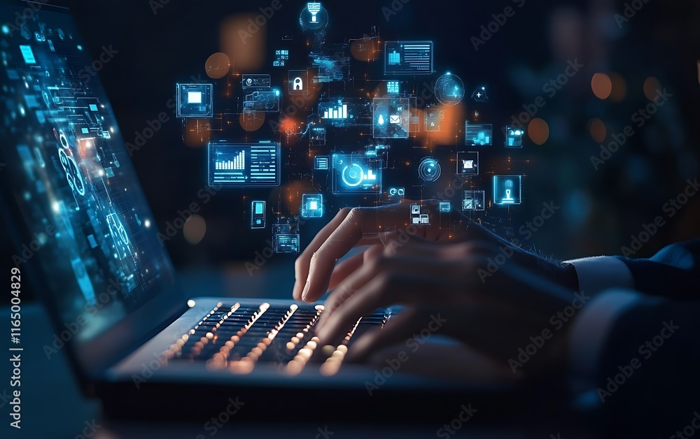 Person working on laptop with digital interface showing data analytics and cloud computing.