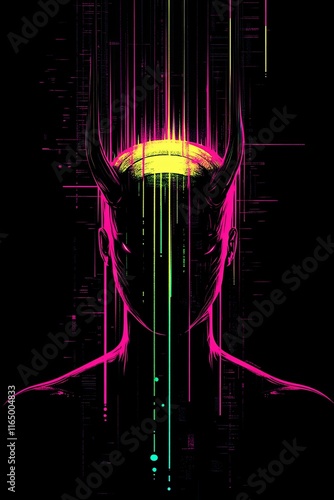 Abstract digital art depicting a shadowy figure with horns, illuminated by vibrant streaks of light.