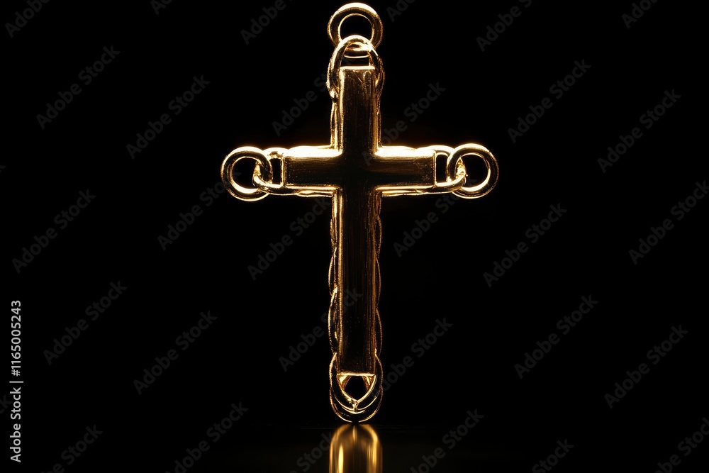 One cross with chain on black background, space for text. Religion of Christianity One cross with chain on black background, space for text. Religion of Christianity