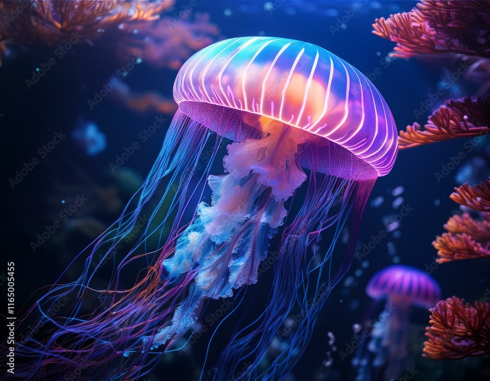A glowing jellyfish with vibrant neon tentacles floats in a deep sea surrounded by luminous bubbles and glowing coral, blending underwater surrealism with radiant textures. A glowing jellyfish with vibrant neon tentacles floats in a deep sea surrounded by luminous bubbles and glowing coral, blending underwater surrealism with radiant textures.