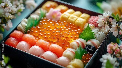 A close-up of a single Osechi Ryori box, showcasing golden tamago, delicate pink kamaboko, and glistening herring roe, accented by fresh green leaves and seasonal flowers, photo