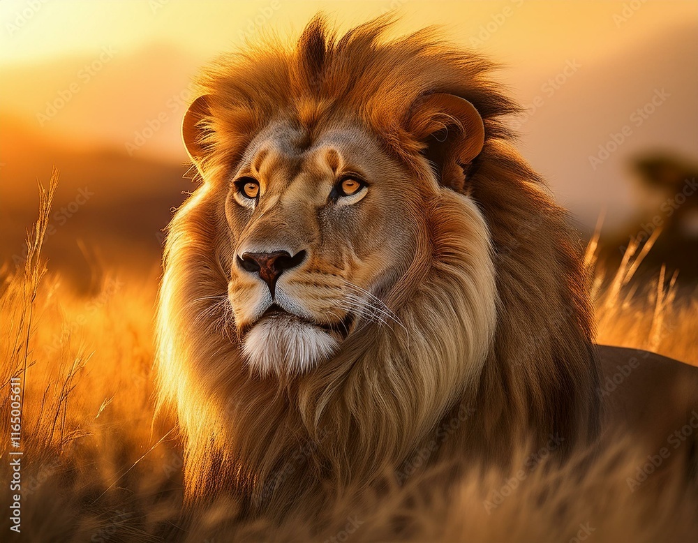 Fototapeta premium A majestic lion with a golden mane glows under a sunset, surrounded by lush savanna grass.