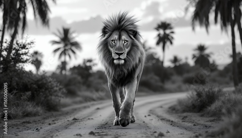 Wallpaper Mural Majestic Lion Walking Towards the Camera in Black and White Photography Torontodigital.ca