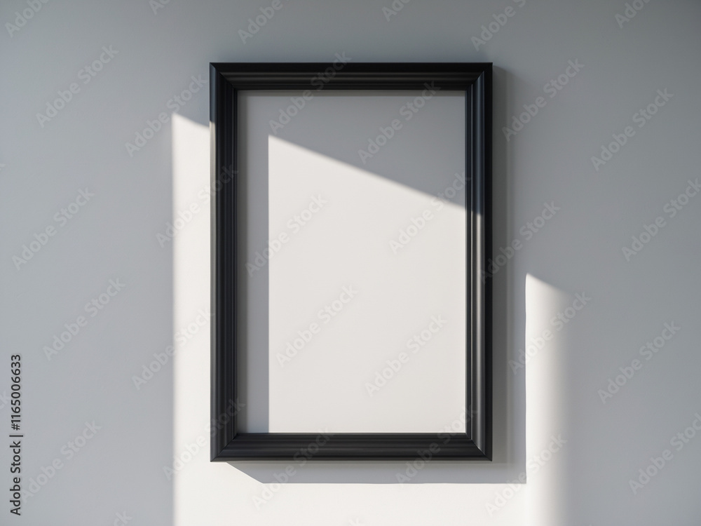 a rectangular black picture frame hanging on a clean white wall. a rectangular black picture frame hanging on a clean white wall.