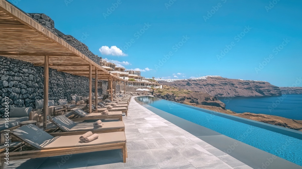 Fototapeta premium Scenic Infinity Pool with Lounge Chairs Overlooking Serene Water