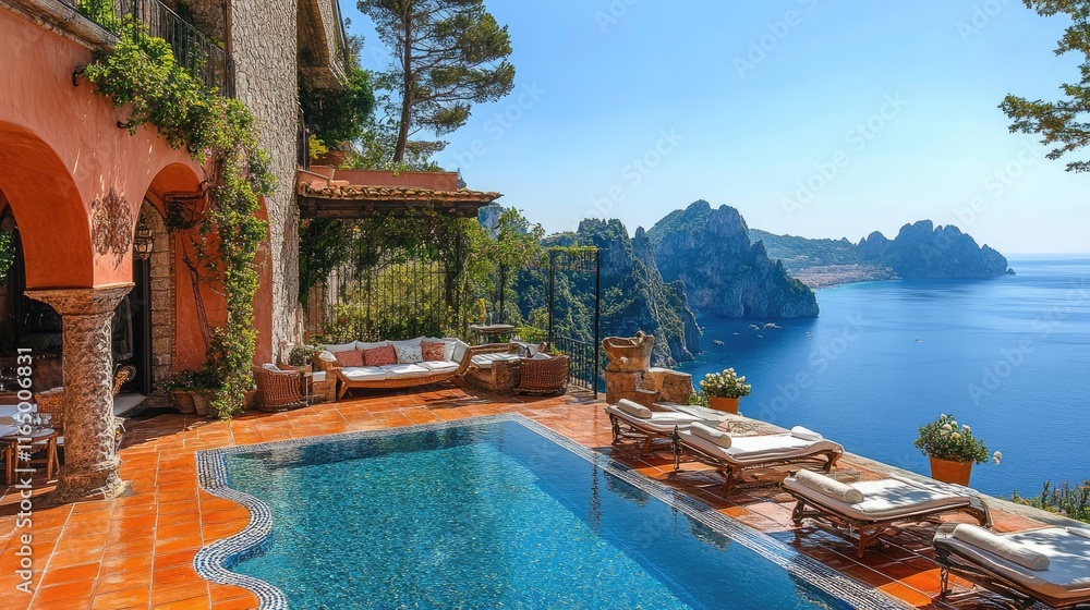 Fototapeta premium Luxurious Villa with Pool Overlooking Scenic Coastal Landscape