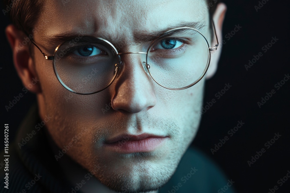 Portrait of attractive serious guy wearing eyeglasses looking at camera isolated on background, copy space. Concept of advertisement, vision Portrait of attractive serious guy wearing eyeglasses looking at camera isolated on background, copy space. Concept of advertisement, vision