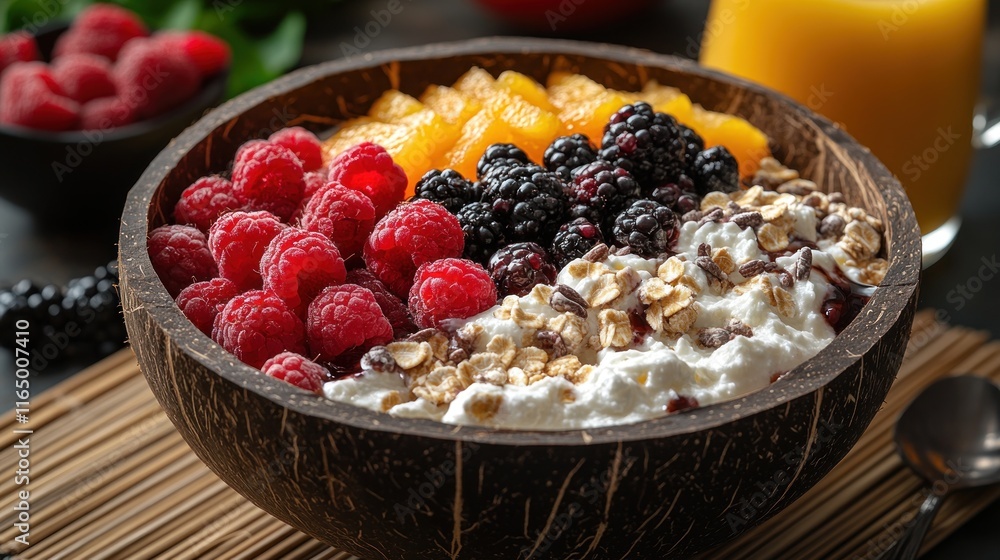 Delicious fruit and yogurt parfait in a coconut bowl. Delicious fruit and yogurt parfait in a coconut bowl.
