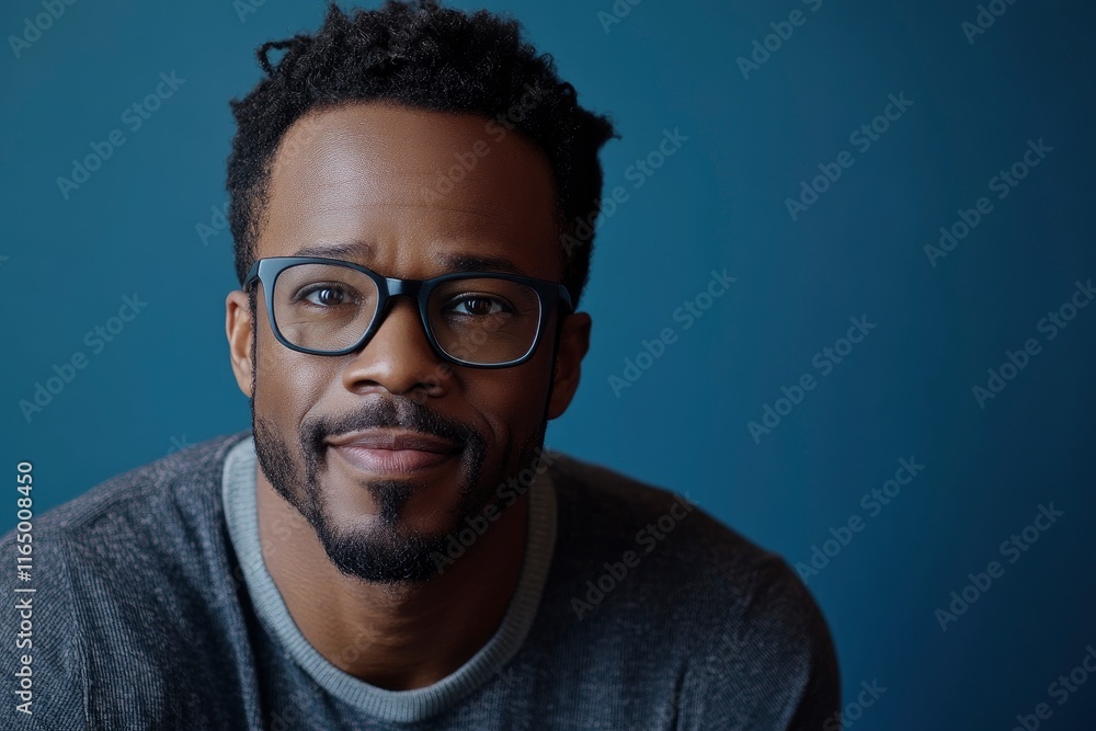 Portrait of handsome African-American man wearing glasses and looking at camera smiling while posing against deep blue background, copy space Portrait of handsome African-American man wearing glasses and looking at camera smiling while posing against deep blue background, copy space