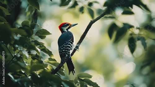 A Woodpecker Perched on a Branch Among Green Leaves