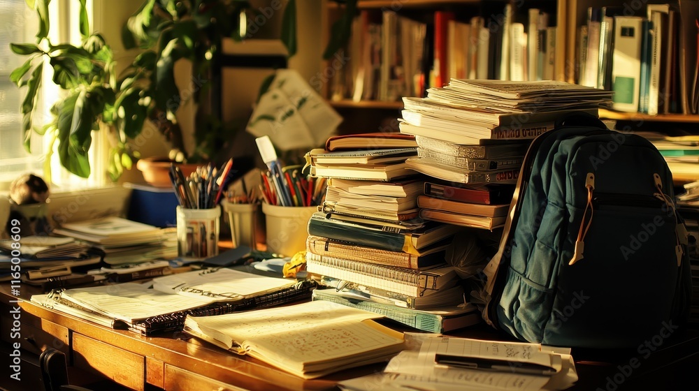 Obraz premium Back to School Desk with Books and Backpacks