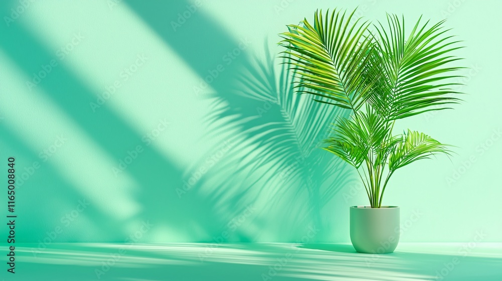Lush Green Plant Against Mint Background with Shadows Lush Green Plant Against Mint Background with Shadows