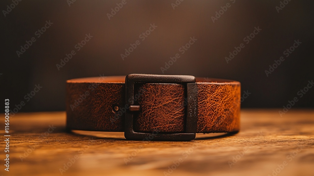Rolled brown leather belt with dark metal buckle on wooden surface. Rolled brown leather belt with dark metal buckle on wooden surface.