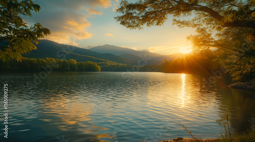 Sunset over a lake with mountains and glowing sky.