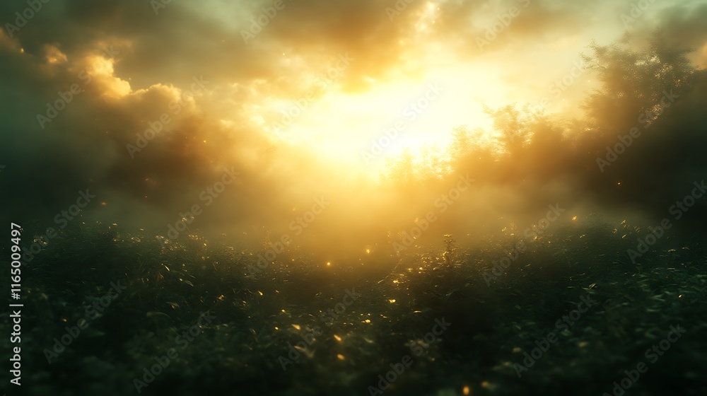 Naklejka premium Misty Field Sunset Golden Light Illuminates Plants