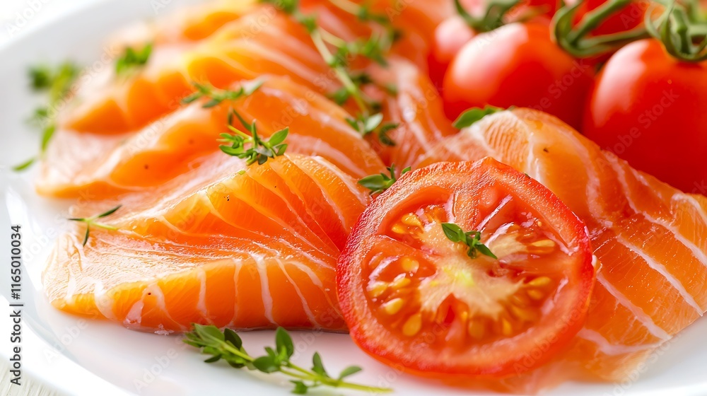A plate of salmon and tomatoes with fresh herbs A plate of salmon and tomatoes with fresh herbs