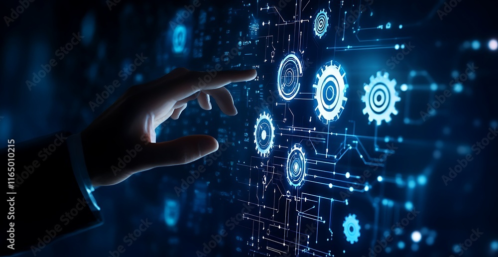 Fototapeta premium Hand interacting with digital gears and circuits, representing automation, technology, and innovation.