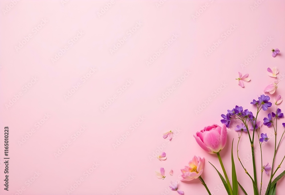 Creative layout made with pink and violet flowers on bright background. Flat lay. Spring minimal concept.
Creative layout made with pink and violet flowers on bright background. Flat lay. Spring minimal concept.