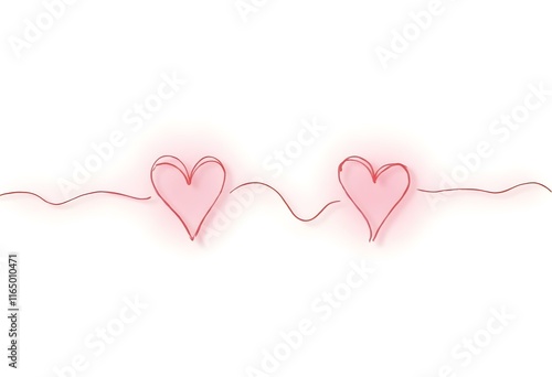 Two pink hearts continuous wavy line art drawing on white background. Happy Valentine's day header or banner or letter template. Vector illustration
