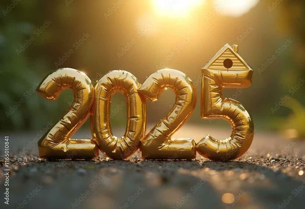 3D illustration of golden number 2025 with house icon. 3D illustration of golden number 2025 with house icon.
