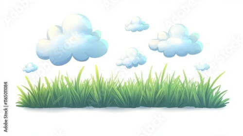 Whimsical Cartoon Grass Blades with Fluffy Clouds on White Background for Banner Design