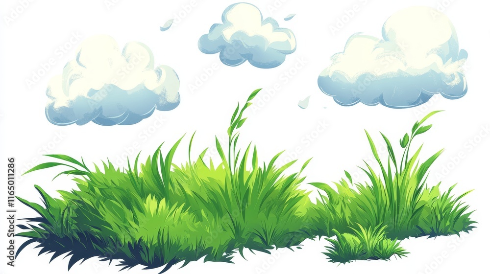 Obraz premium Whimsical Green Grass Blades and Floating Clouds - Cartoon Style Nature Illustration