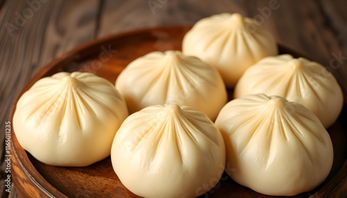 Steaming hot bakpao, soft and fluffy, placed on a rustic wooden background. The buns showcase their smooth texture and inviting appeal, perfect for savoring traditional Asian flavors photo