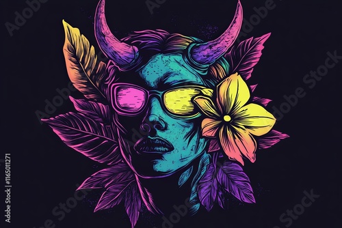 Colorful illustration of a woman with horns, sunglasses, and tropical flowers.