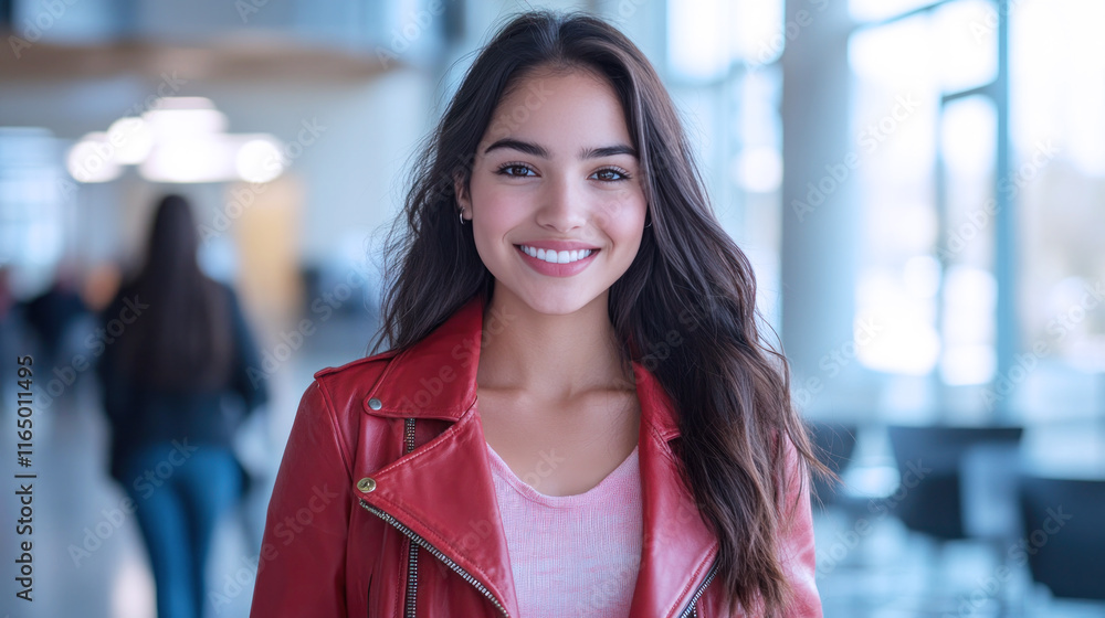 Hispanic woman in red leather jacket smiling at spacious office building Hispanic woman in red leather jacket smiling at spacious office building