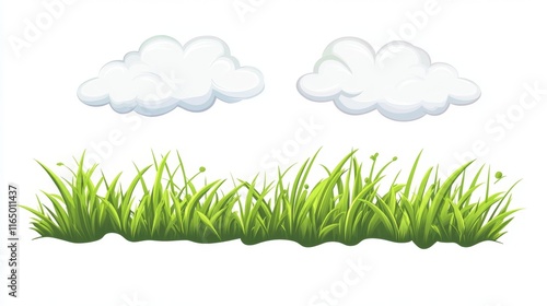 Vibrant Green Grass and Soft Clouds Minimalist Cartoon Illustration for Design Projects