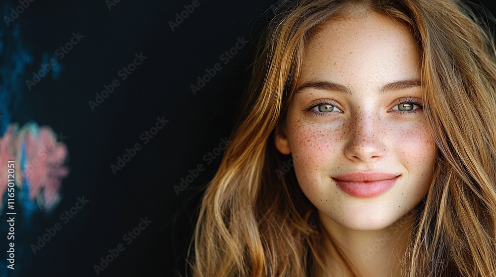 Fototapeta premium Close-up portrait of a young woman with freckles and long reddish-blonde hair, smiling gently against a dark background.