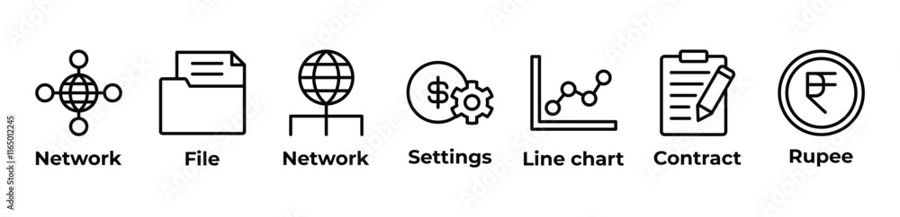 Building Connections Icons set vector illustration with network, file, network, settings, line chart, contract, rupee Building Connections Icons set vector illustration with network, file, network, settings, line chart, contract, rupee