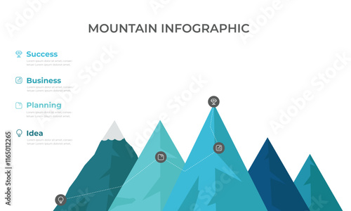 Mountain progression path. Climbing progress route, mountain peak overcoming, mountain climbing path with red flag on top vector illustration. Way path infographic,