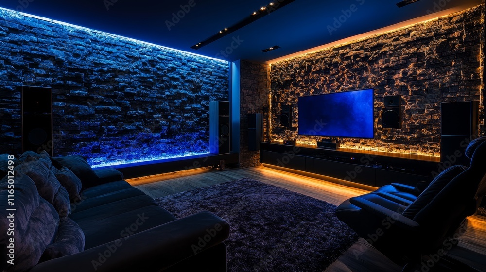 Naklejka premium A modern home theater with ambient lighting and comfortable seating for entertainment.