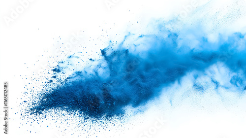 An abstract explosion of blue dust on a white background, showcasing the motion of blue powder splashing during a Holi festival.