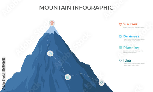 Mountain progression path. Climbing progress route, mountain peak overcoming, mountain climbing path with red flag on top vector illustration. Way path infographic,